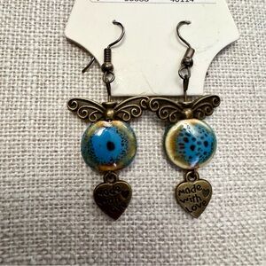Artisan Blue and Gold Heart Earrings
